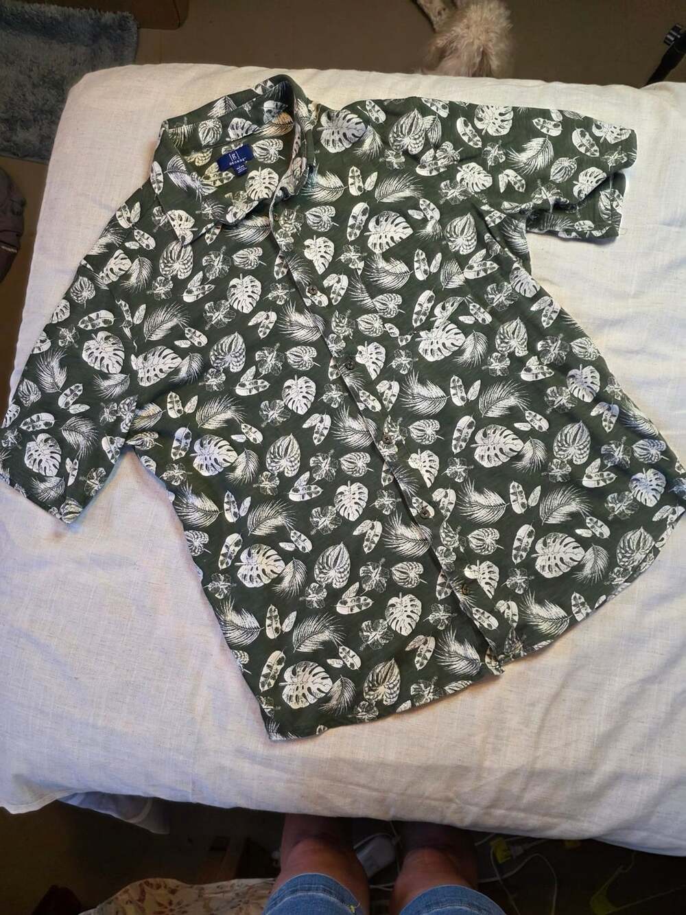 George Men's Short Sleeve Green Leaf Tropical Button Down Shirt Size L